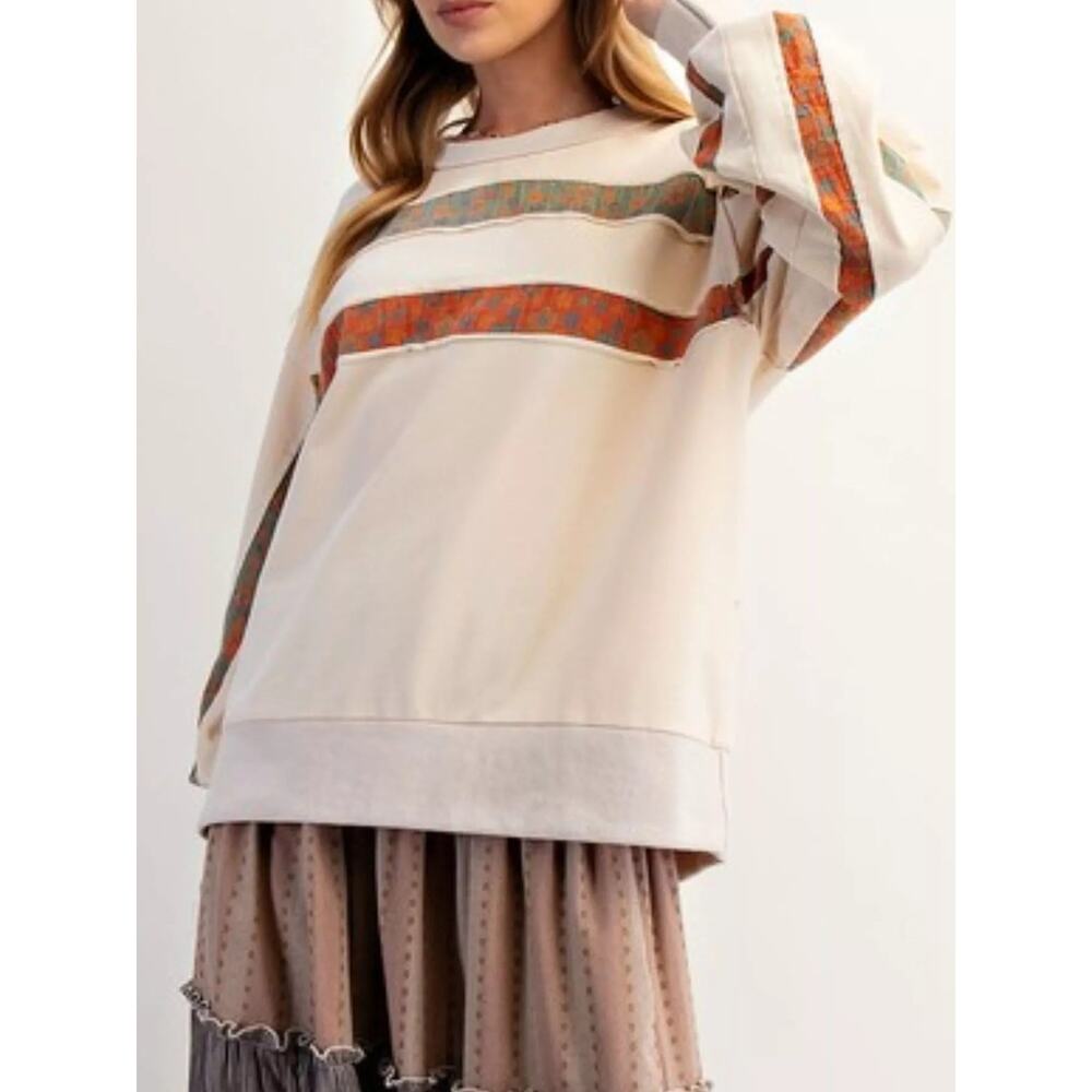 Easel Boho Pullover Floral Stripe Sweatshirt - Picture 3 of 3